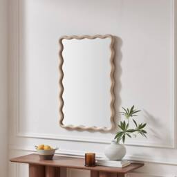 FurnitureboxUK Damaris Wood Medium 90x60cm Wavy Rectangle Wall Mirror in Light Brown - Size: 90x60 cm