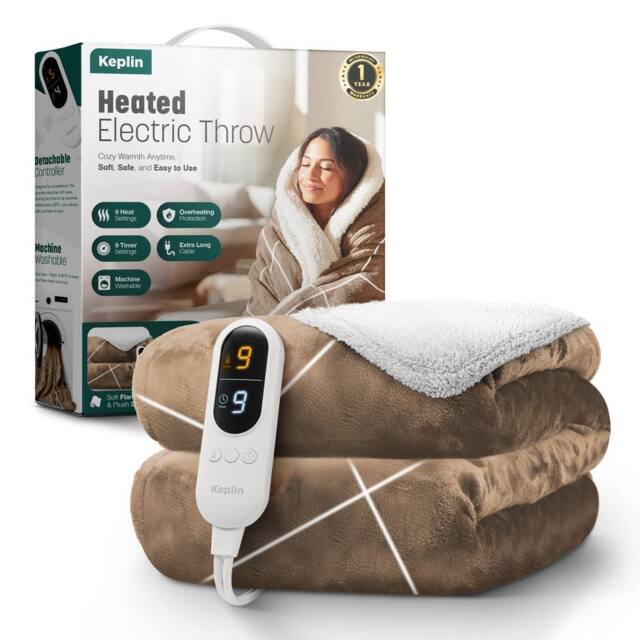Keplin Large Electric Heated Throw Blanket, Fleece Wool Duvet, 9 Heat Setting in Brown - image 1