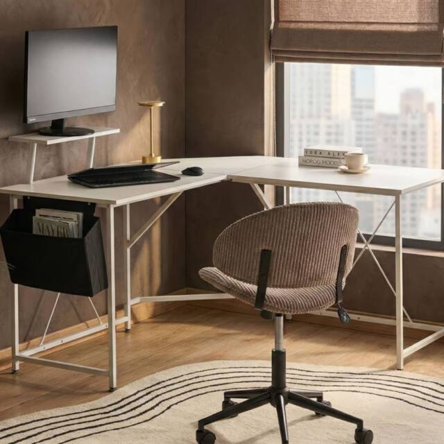 Wyld and Coco L Shaped Corner Desk White Wood Top Powder Coat Iron Legs Built - image 1