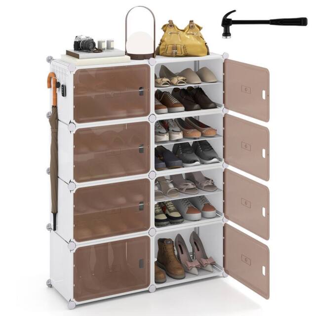 Gymax 8-Tier Plastic Shoe Cabinet 32 Pair Shoe Rack With Removable Shelves in White - image 1
