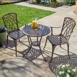 Home Source Brown Bistro Set Outdoor Garden Patio Lattice Table 2 Chairs Aluminium - thumbnail 4