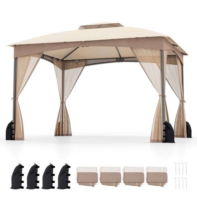 Costway 365 x 300 cm Patio Gazebo Soft Top Double Roof Canopy w/4 Sandbags in Beige - image 1