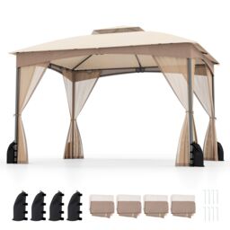 Costway 365 x 300 cm Patio Gazebo Soft Top Double Roof Canopy w/4 Sandbags in Beige - thumbnail 1