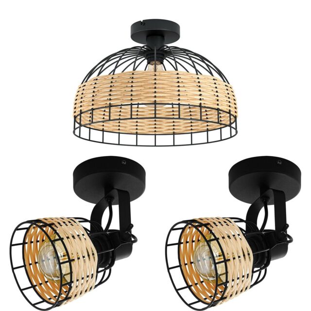 Loops Low Ceiling Light & 2x Matching Wall Lights Black & Wicker Wood Cage Shade - image 1