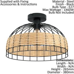 Loops Low Ceiling Light & 2x Matching Wall Lights Black & Wicker Wood Cage Shade - thumbnail 2