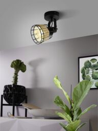 Loops Low Ceiling Light & 2x Matching Wall Lights Black & Wicker Wood Cage Shade - thumbnail 4