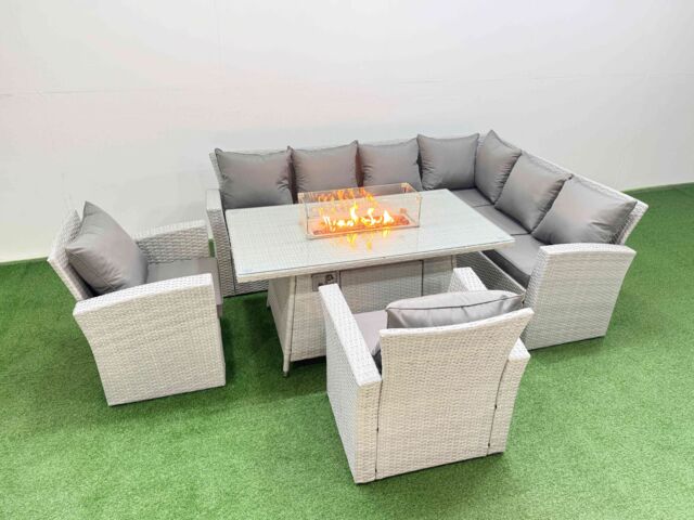 Fimous Outdoor Furniture Garden Dining Set Gas Firepit Table with Chair in Light Grey - image 1