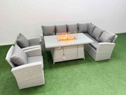 Fimous Outdoor Furniture Garden Dining Set Gas Firepit Table with Chair in Light Grey - thumbnail 2