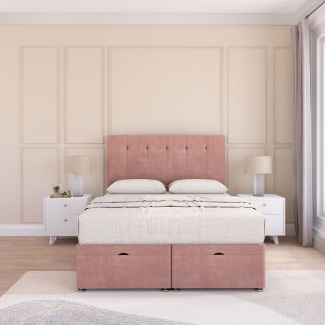 Sloomy Highbury Plush Fabric Ottoman Bed End Opening With Sprung Memory Mattress & 26 Inch strut Headboard in Pink - Size: Super King - image 1