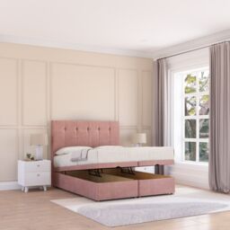 Sloomy Highbury Plush Fabric Ottoman Bed End Opening With Sprung Memory Mattress & 26 Inch strut Headboard in Pink - Size: Super King - thumbnail 2