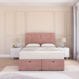 Sloomy Highbury Plush Fabric Ottoman Bed End Opening With Sprung Memory Mattress & 26 Inch strut Headboard in Pink - Size: Super King - thumbnail 1