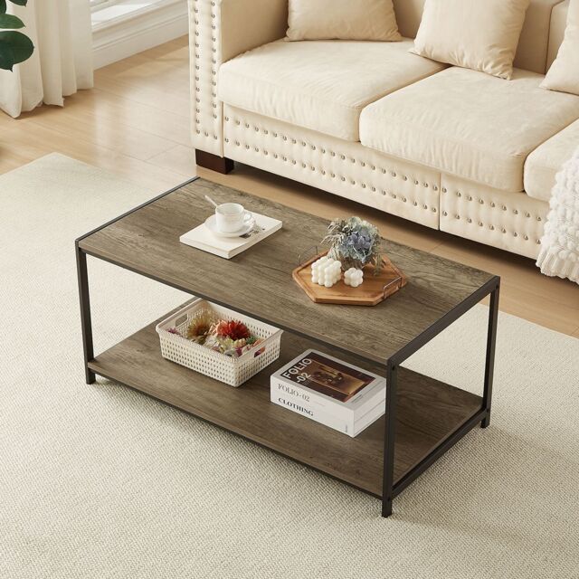 House of Home Coffee Table Rustic Wooden Light Brown Grain Finish Living Room Storage Shelf 2 Tier in Grey - image 1