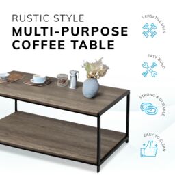 House of Home Coffee Table Rustic Wooden Light Brown Grain Finish Living Room Storage Shelf 2 Tier in Grey - thumbnail 9