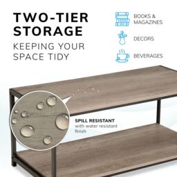 House of Home Coffee Table Rustic Wooden Light Brown Grain Finish Living Room Storage Shelf 2 Tier in Grey - thumbnail 4