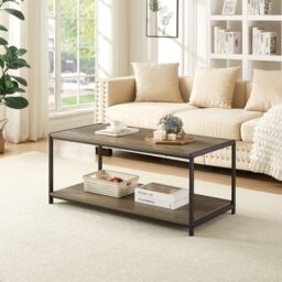 House of Home Coffee Table Rustic Wooden Light Brown Grain Finish Living Room Storage Shelf 2 Tier in Grey - thumbnail 8