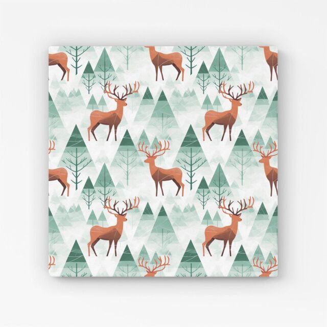 Warren Reed - Designer Reindeer On A Snowy Landscape Canvas in Green - Size: w10 inch x h10 inch - image 1