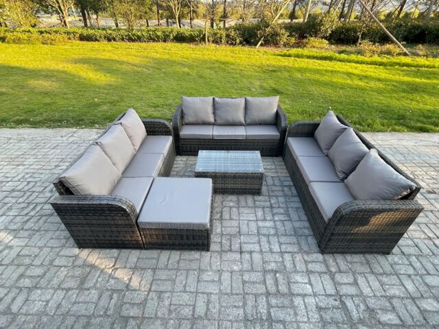 Fimous Rattan Lounge Sofa Set 10 Seater Outdoor Garden Furniture Set with Rectangular Coffee Table 3 Seater Sofa Big Footstool in Dark Grey - image 1