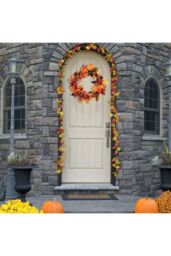Living and Home 60cm Pre-Lit Autumn Wreath with Pine Cones & Maple Leaves for Harvest, Thanksgiving & Halloween Decor in Orange - thumbnail 2