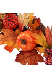 Living and Home 60cm Pre-Lit Autumn Wreath with Pine Cones & Maple Leaves for Harvest, Thanksgiving & Halloween Decor in Orange - thumbnail 3