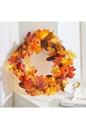 Living and Home 60cm Pre-Lit Autumn Wreath with Pine Cones & Maple Leaves for Harvest, Thanksgiving & Halloween Decor in Orange