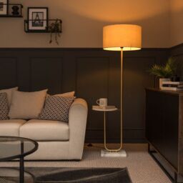 ValueLights Tavel Brushed Gold Marble Base Floor Lamp With Table & Large Beige/Gold Shade - thumbnail 4