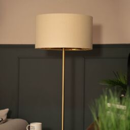 ValueLights Tavel Brushed Gold Marble Base Floor Lamp With Table & Large Beige/Gold Shade - thumbnail 3