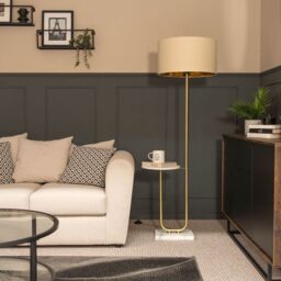 ValueLights Tavel Brushed Gold Marble Base Floor Lamp With Table & Large Beige/Gold Shade