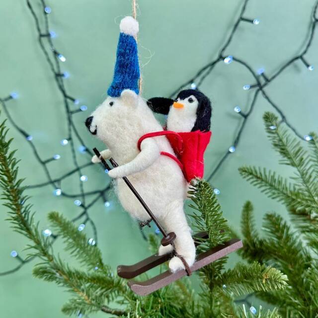 The Alphabet Gift Shop Polar Bear & Penguin Felt Skiing Bauble in White