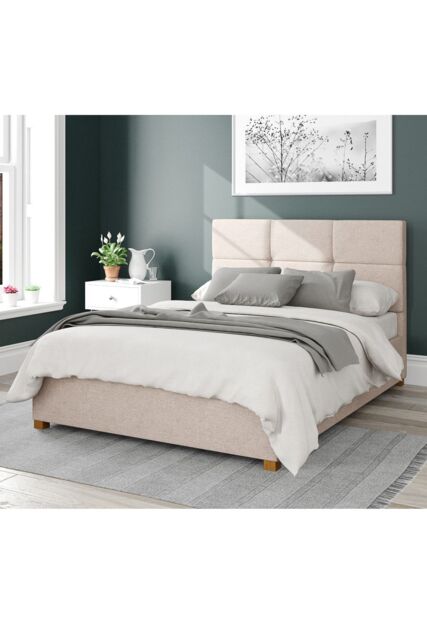 Aspire Caine Upholstered Ottoman Storage Bed, Saxon Twill Fabric in Natural - Size: Double - image 1