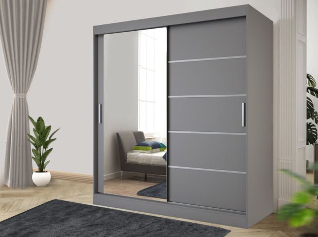 RAC3 Modern white Effect 120cm Sliding Door Wardrobe with Mirror & Integrated Drawers, Spacious Bedroom Storage in Grey - image 1