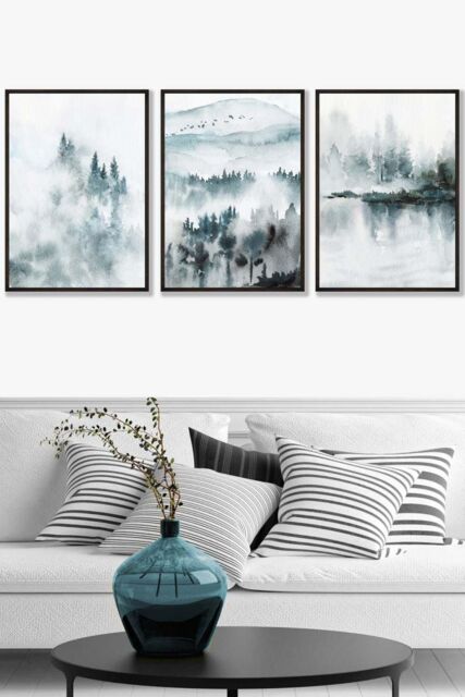 ARTZE Set of 3 Black Framed Teal Blue Abstract Forest Lake Wall Art - Size: W33 cm x H45 cm x D20mm - image 1