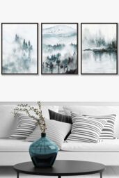 ARTZE Set of 3 Black Framed Teal Blue Abstract Forest Lake Wall Art - Size: W33 cm x H45 cm x D20mm - thumbnail 1