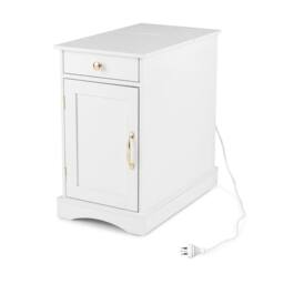 Costway End Table with Charging Station Narrow Nightstand Bedside Table in White