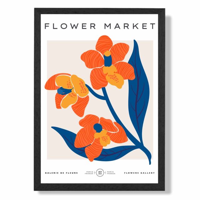 ARTZE Orange & Blue Wildflower Flower Market Exhibition Framed Print SIZE: A2 with Black Frame - Size: A4 - image 1