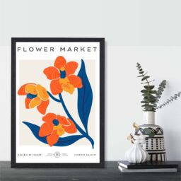 ARTZE Orange & Blue Wildflower Flower Market Exhibition Framed Print SIZE: A2 with Black Frame - Size: A4 - thumbnail 2