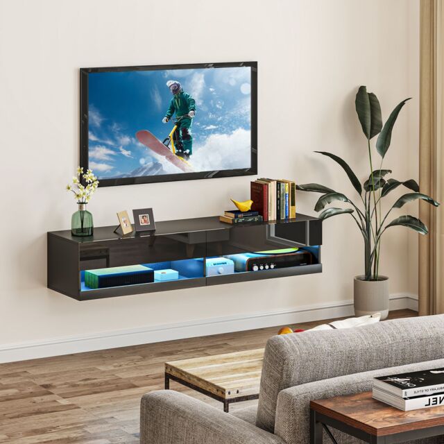 HOMCOM Floating TV Unit Stand Wall Mount TV Cabinet with Storage LED Lights in Black - image 1