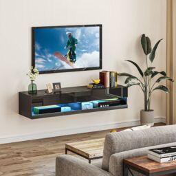 HOMCOM Floating TV Unit Stand Wall Mount TV Cabinet with Storage LED Lights in Black - thumbnail 1