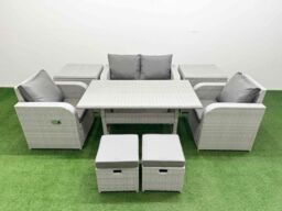 Fimous Light Grey PE Wicker Rattan Garden Furniture Set Sofa Set Reclining Chair Rectangular Dining Table 6 Seater 2 Small Stools 2 Side Table - thumbnail 2