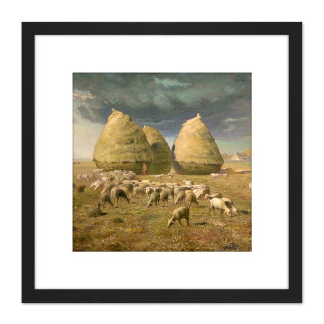 Artery8 Millet Haystacks Autumn Landscape Painting 8X8 Inch Square Wooden Framed Wall Art Print Picture with Mount in Black - image 1