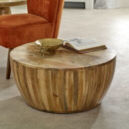 Indian Hub Surrey Drum Coffee Table - Solid Mango Wood - L80 x W80 x H35 cm in Brown - thumbnail 2