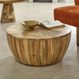 Indian Hub Surrey Drum Coffee Table - Solid Mango Wood - L80 x W80 x H35 cm in Brown - thumbnail 3