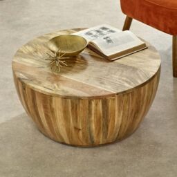 Indian Hub Surrey Drum Coffee Table - Solid Mango Wood - L80 x W80 x H35 cm in Brown - thumbnail 4