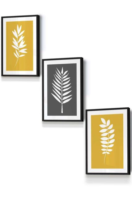ARTZE Yellow Grey Graphical Leaves Framed Wall Art - Small in Black - Size: W33 cm x H45 cm x D20mm - image 1