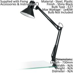Loops Table Desk Lamp Shiny Black Steel Moveable In Line Switch Bulb E27 1x40W - thumbnail 2