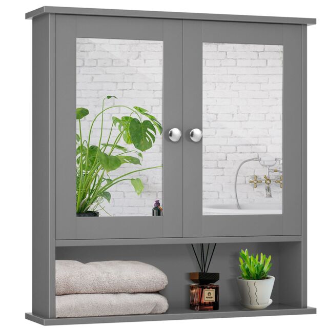 Costway Wall Mounted Bathroom Mirror Cabinet Wooden Storage Cupboard Medicine Organizer in Grey - image 1