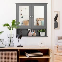 Costway Wall Mounted Bathroom Mirror Cabinet Wooden Storage Cupboard Medicine Organizer in Grey - thumbnail 5