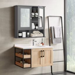 Costway Wall Mounted Bathroom Mirror Cabinet Wooden Storage Cupboard Medicine Organizer in Grey - thumbnail 4