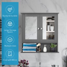 Costway Wall Mounted Bathroom Mirror Cabinet Wooden Storage Cupboard Medicine Organizer in Grey - thumbnail 3