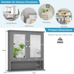 Costway Wall Mounted Bathroom Mirror Cabinet Wooden Storage Cupboard Medicine Organizer in Grey - thumbnail 2