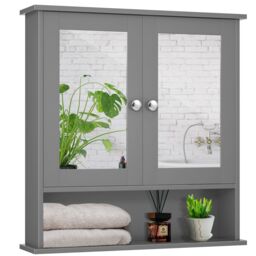 Costway Wall Mounted Bathroom Mirror Cabinet Wooden Storage Cupboard Medicine Organizer in Grey - thumbnail 1